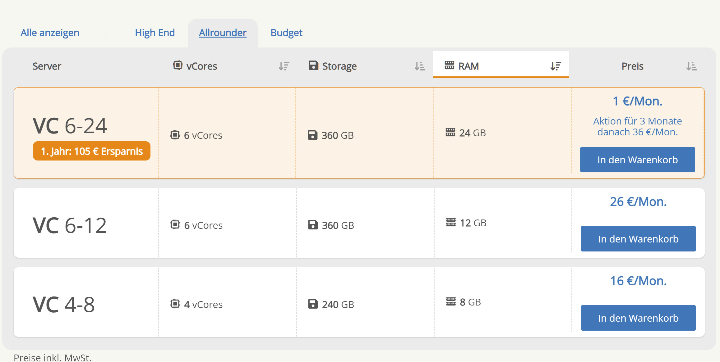 Screen: Filterbare Windows V-Server Tabelle